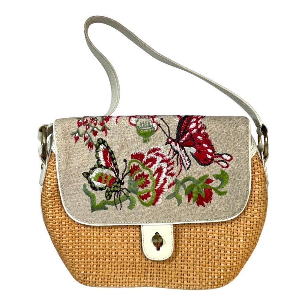 Kate Landry Embroidered Floral Flowers Butterfly Straw Wicker & Linen Handbag